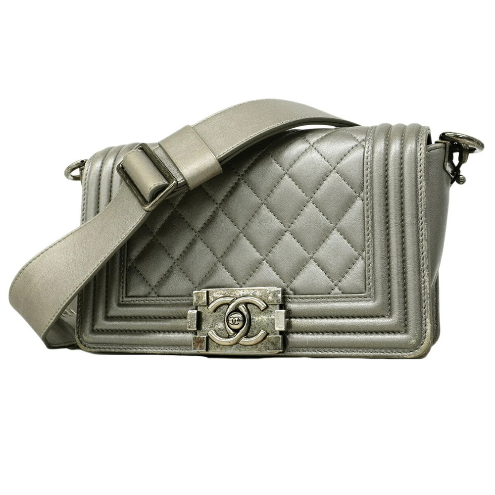 Chanel Boy Shoulder Bag, Lambskin, Gray, Women's